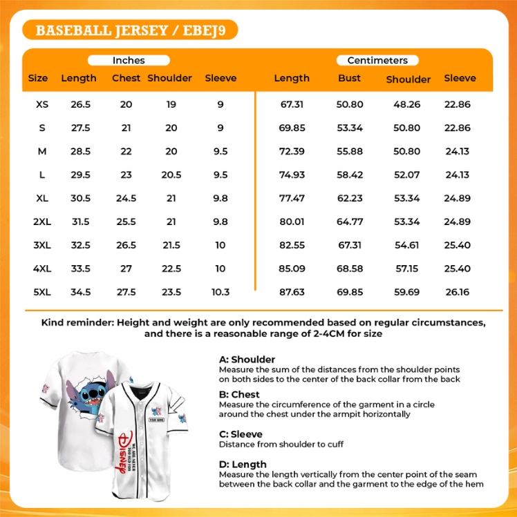 3d baseball jersey size chart - BigBang Store EU